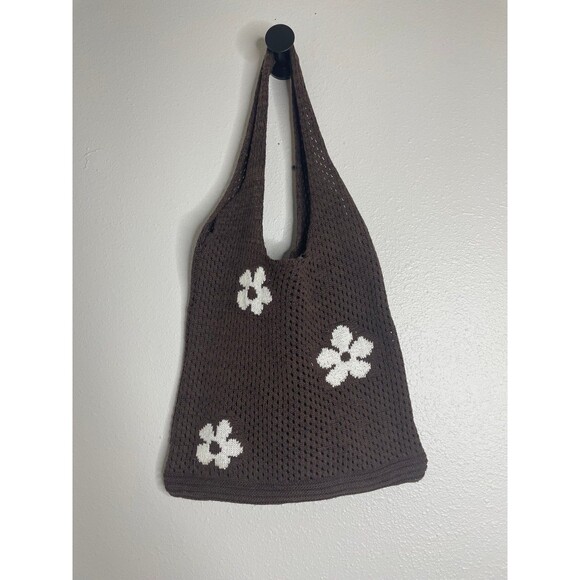 boutique Handbags - Brown Crochet Knit Flower Tote Bag – Cottagecore Y2K Indie Boho Shoulder Bag